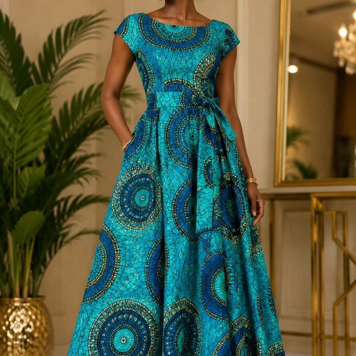 Robe africaine Wax Turquoise Prestige